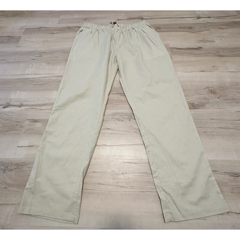 Sir 7 Women XL Pants Cotton Flax Wide Leg Elastic Waist Pockets Beige‎ NWT